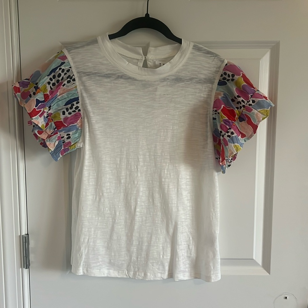THML White Tee with Multicolor Ruffle Sleeves